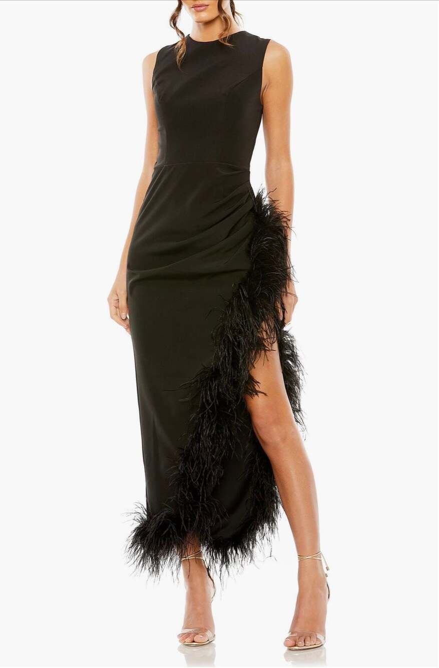 Ieena for Mac Duggal Sleeveless Faux Wrap Sheath Dress w Feather Trim NWOT